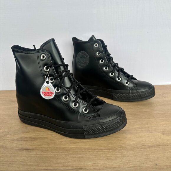 ✨Converse Chuck Taylor Wedge Platform Leather Sz 8.5 Women's Shoes Black A12827C - Picture 1 of 9